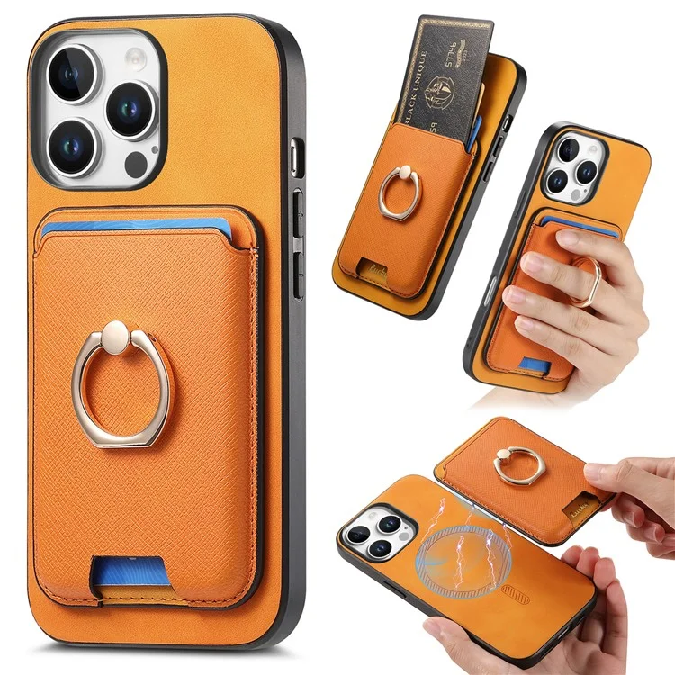 B3 Для Iphone 16 Pro Magnetic Case Leather+TPU Phone Cover Съемная Сумка Для Карты - Апельсин