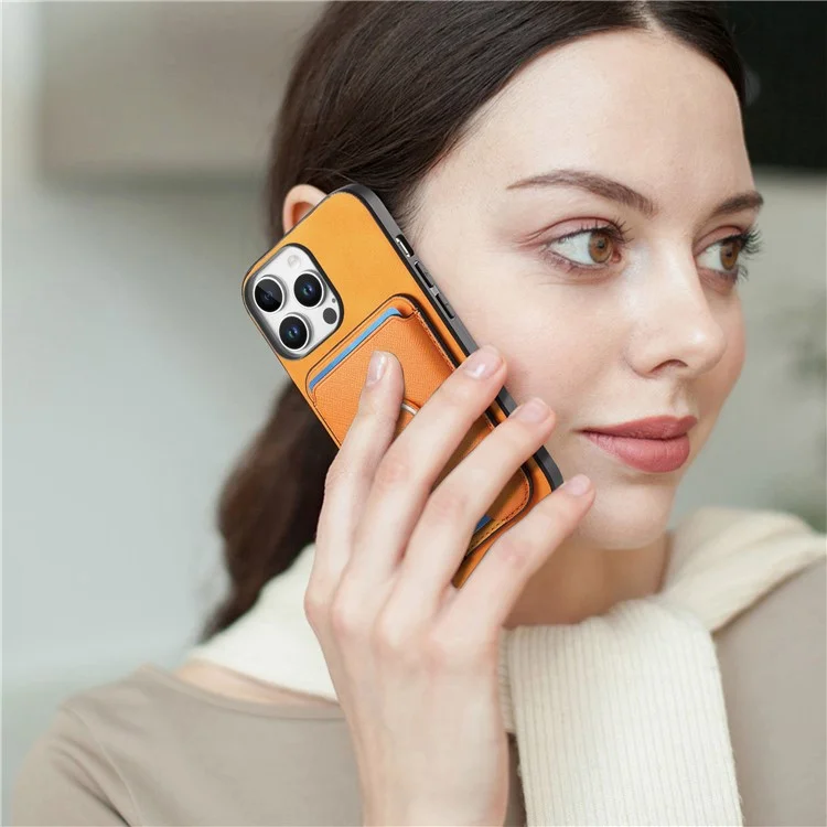 B3 Для Iphone 16 Pro Magnetic Case Leather+TPU Phone Cover Съемная Сумка Для Карты - Апельсин