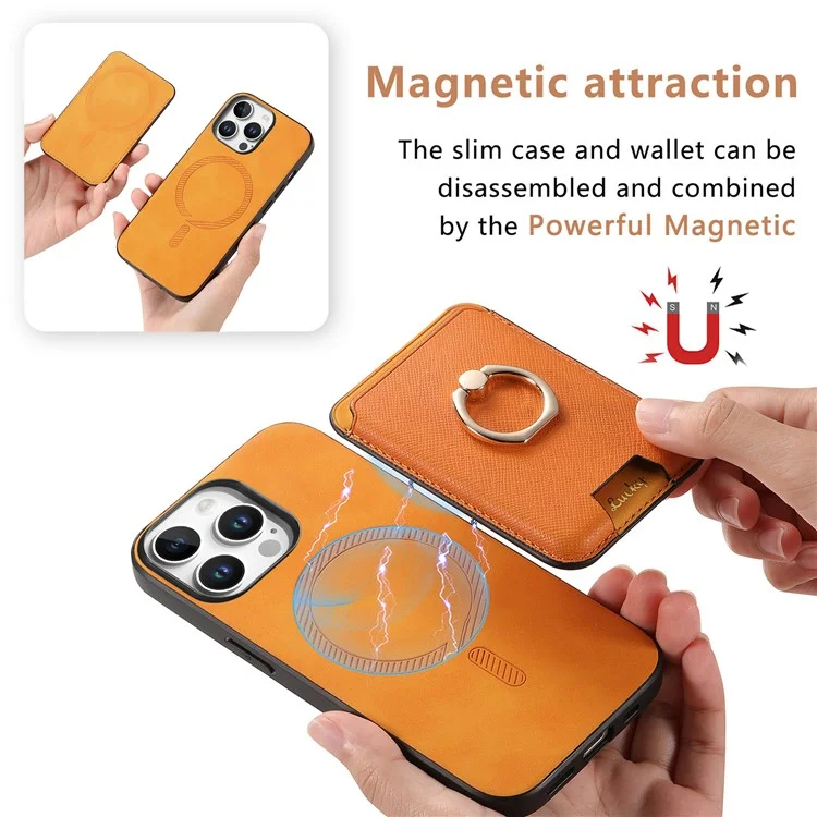 B3 Для Iphone 16 Pro Magnetic Case Leather+TPU Phone Cover Съемная Сумка Для Карты - Апельсин