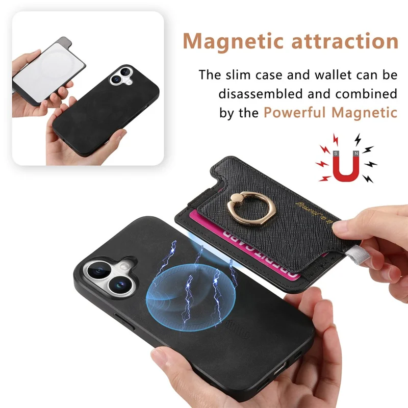 B5 Per Iphone 16 Caso 2 in 1 Porta di Carta Staccabile Magnetica in Pelle+copertina Telefonica Tpu - Nero