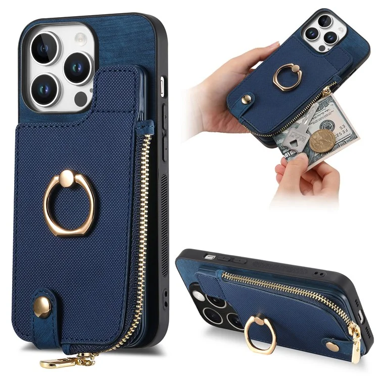 Pour Iphone 16 Pro Max Case Zipper Pocket Kickstand Leather Téléphone Back - Bleu