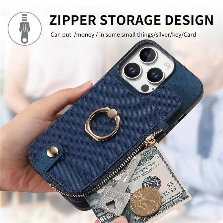 Pour Iphone 16 Pro Max Case Zipper Pocket Kickstand Leather Téléphone Back - Bleu