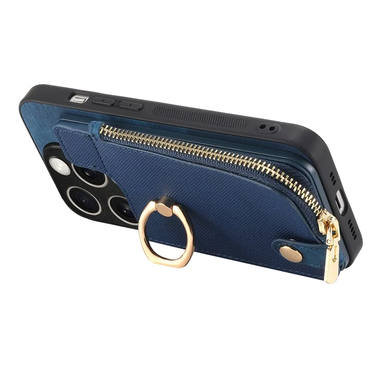Pour Iphone 16 Pro Max Case Zipper Pocket Kickstand Leather Téléphone Back - Bleu