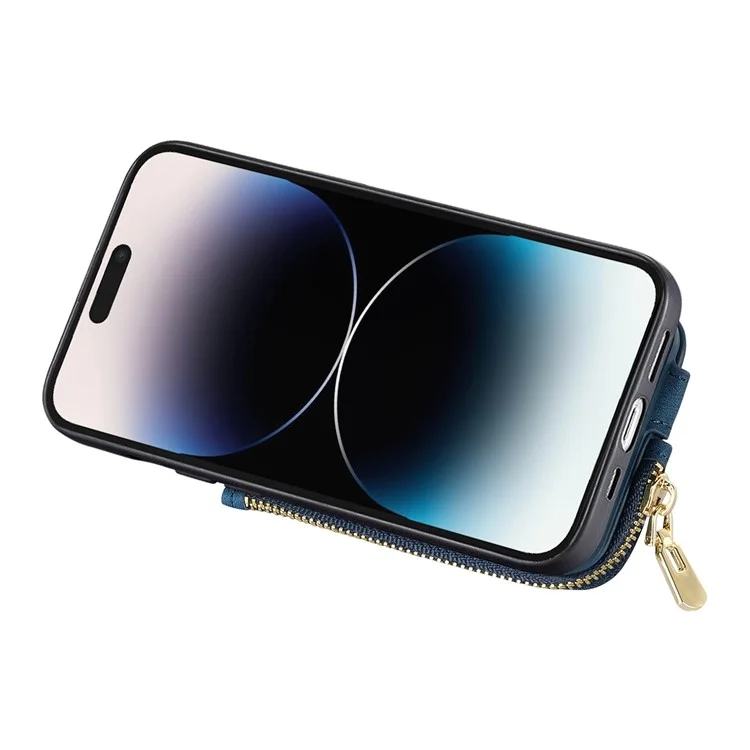 Pour Iphone 16 Pro Max Case Zipper Pocket Kickstand Leather Téléphone Back - Bleu