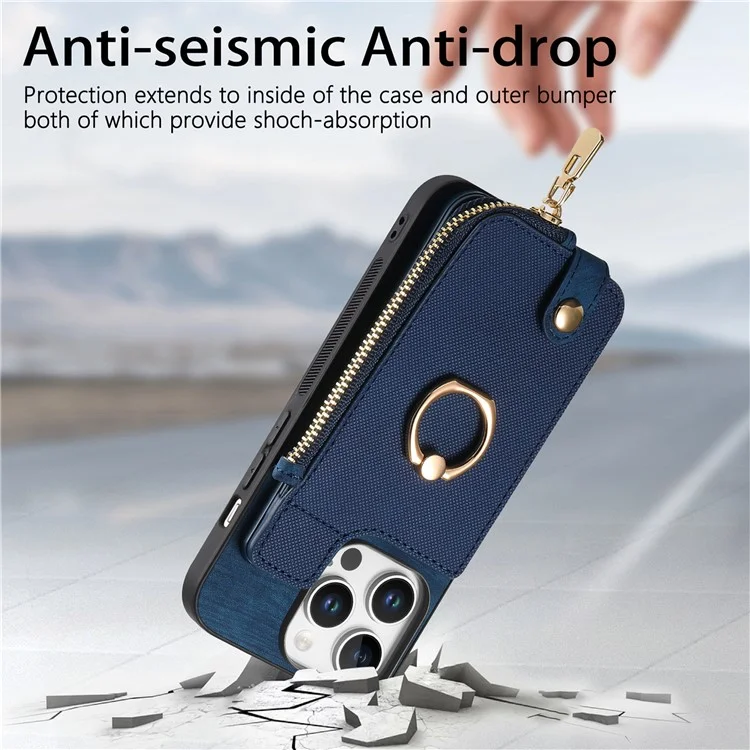 Pour Iphone 16 Pro Max Case Zipper Pocket Kickstand Leather Téléphone Back - Bleu
