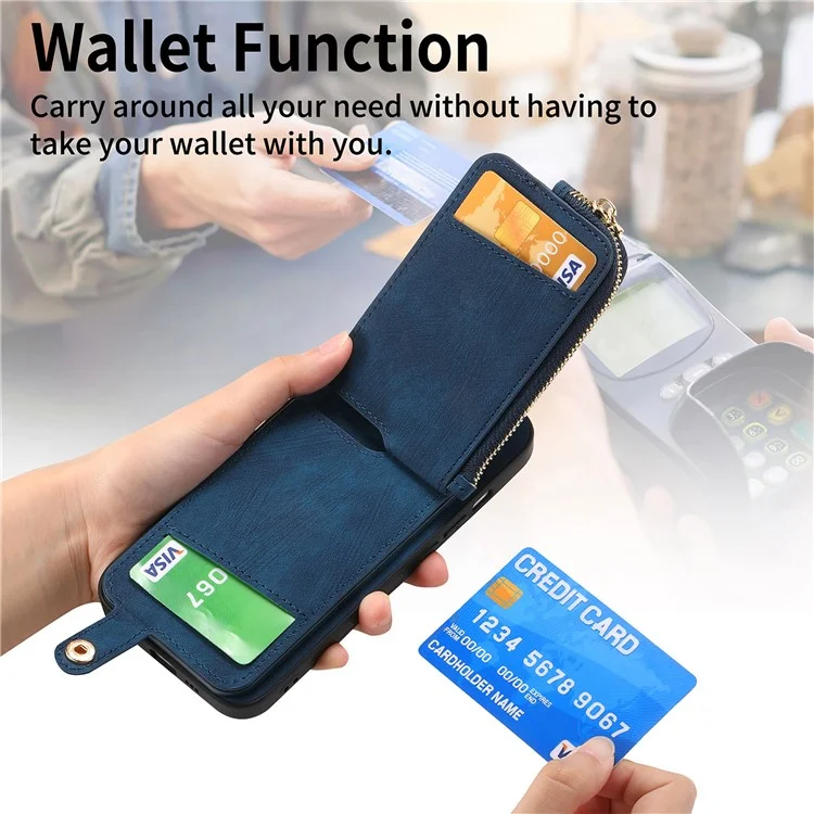 Pour Iphone 16 Pro Max Case Zipper Pocket Kickstand Leather Téléphone Back - Bleu