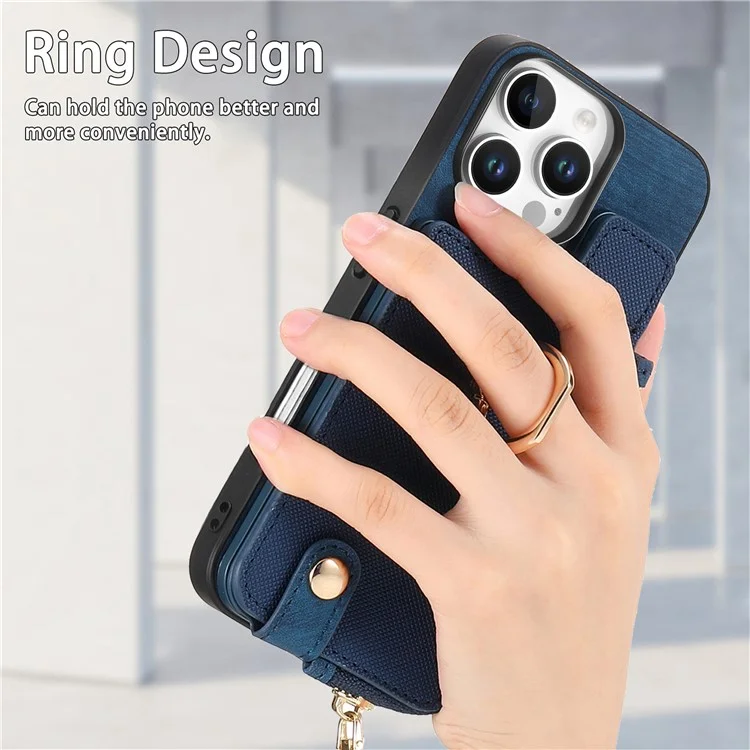Pour Iphone 16 Pro Max Case Zipper Pocket Kickstand Leather Téléphone Back - Bleu