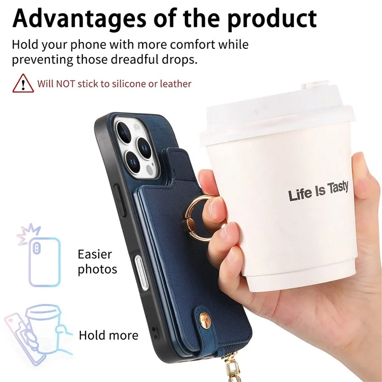 Pour Iphone 16 Pro Max Case Zipper Pocket Kickstand Leather Téléphone Back - Bleu