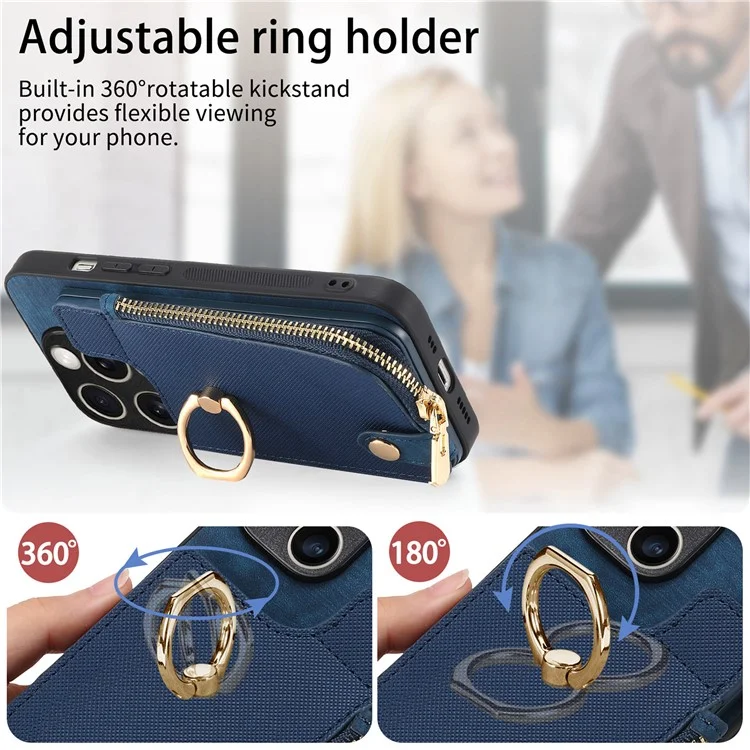 Pour Iphone 16 Pro Max Case Zipper Pocket Kickstand Leather Téléphone Back - Bleu