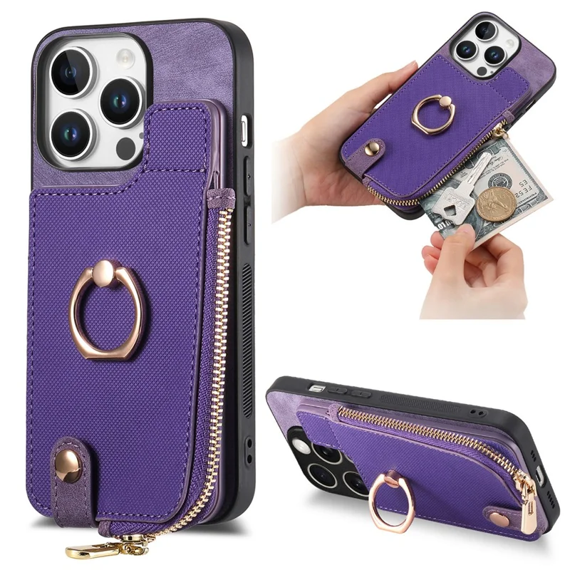 Para Iphone 16 Pro Case Zipper Pocket Kickstand Leather Teleping Back Cover - Roxo