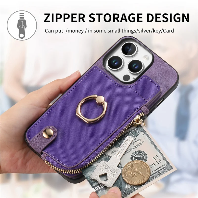 Para Iphone 16 Pro Case Zipper Pocket Kickstand Leather Teleping Back Cover - Roxo