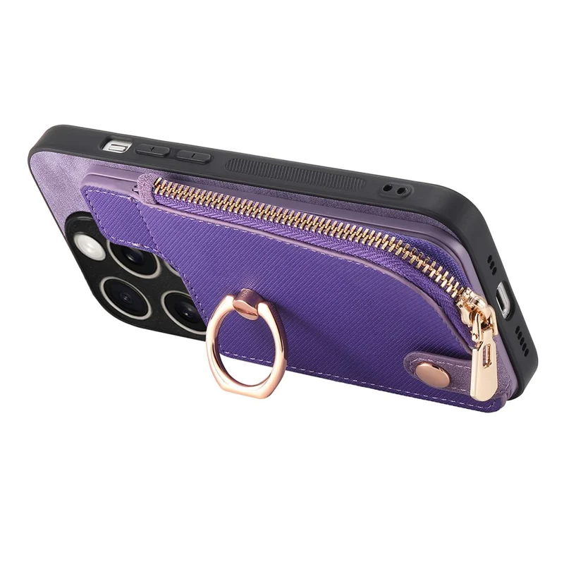 Para Iphone 16 Pro Case Zipper Pocket Kickstand Leather Teleping Back Cover - Roxo
