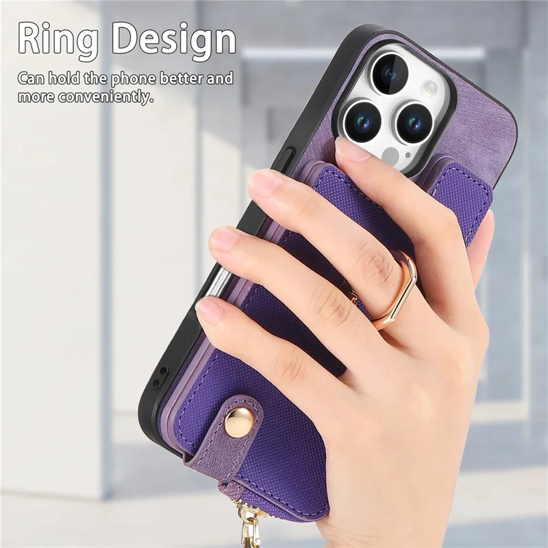 Para Iphone 16 Pro Case Zipper Pocket Kickstand Leather Teleping Back Cover - Roxo