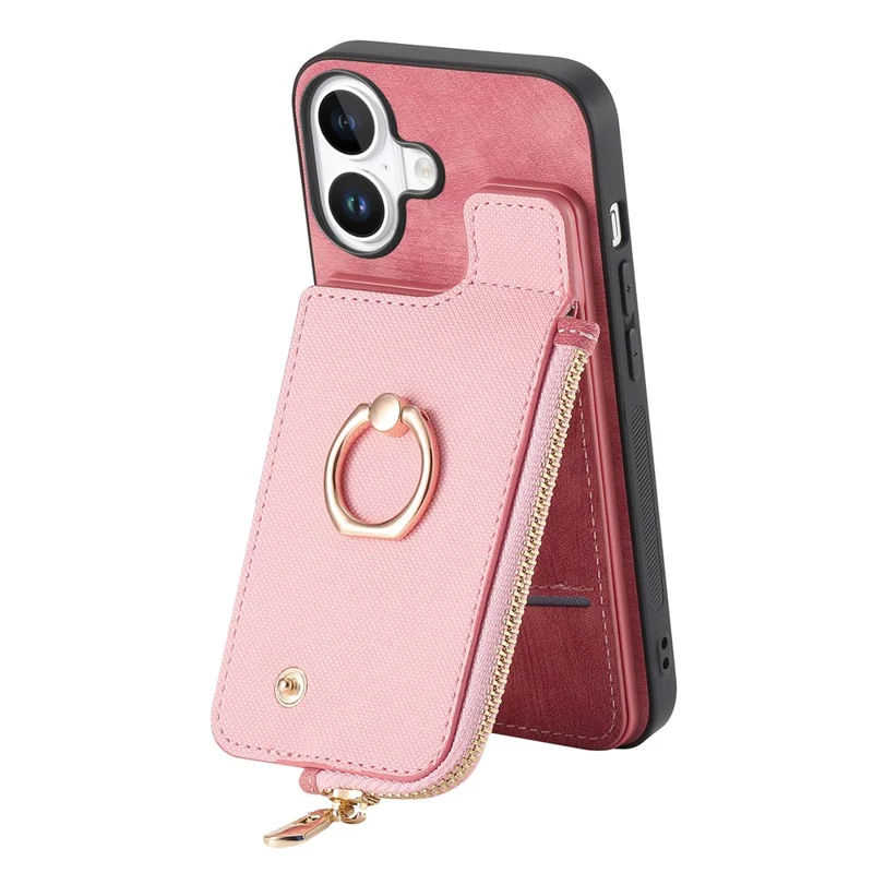 Para Iphone 16 Plus Case Zipper Pocket Kickstand Leather Teleping Back Cover - Rosa