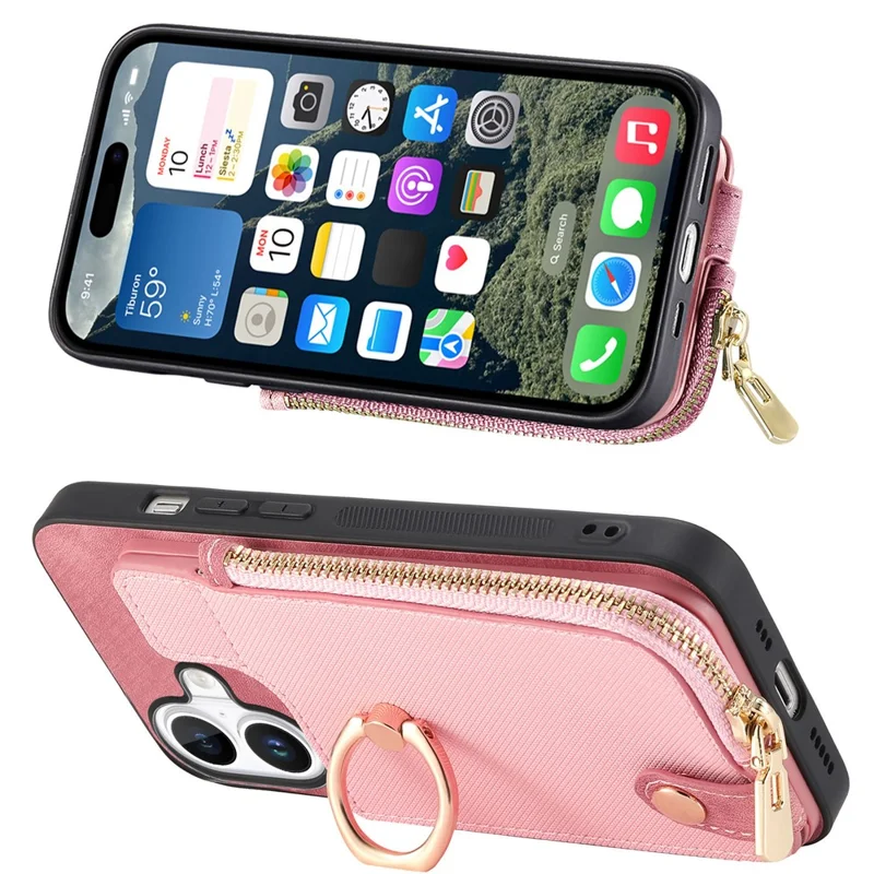 Para Iphone 16 Plus Case Zipper Pocket Kickstand Leather Teleping Back Cover - Rosa