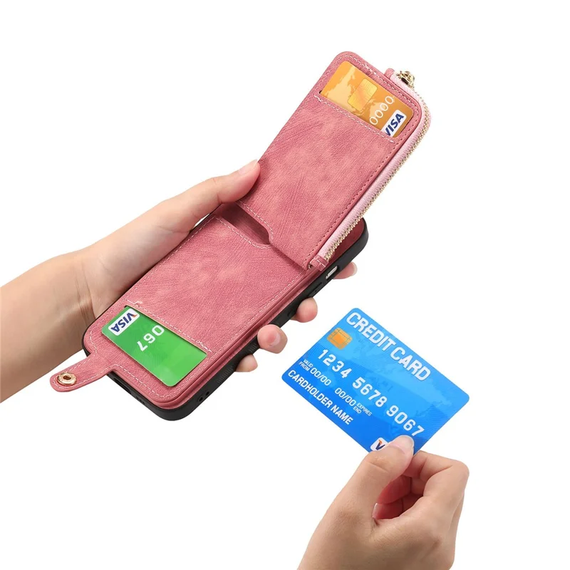 Para Iphone 16 Plus Case Zipper Pocket Kickstand Leather Teleping Back Cover - Rosa