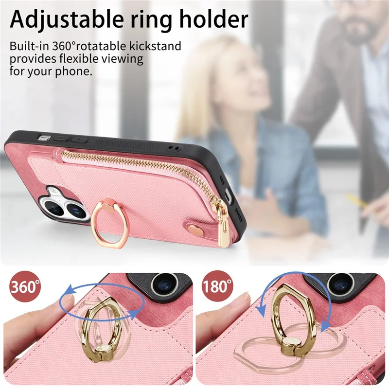 Para Iphone 16 Plus Case Zipper Pocket Kickstand Leather Teleping Back Cover - Rosa