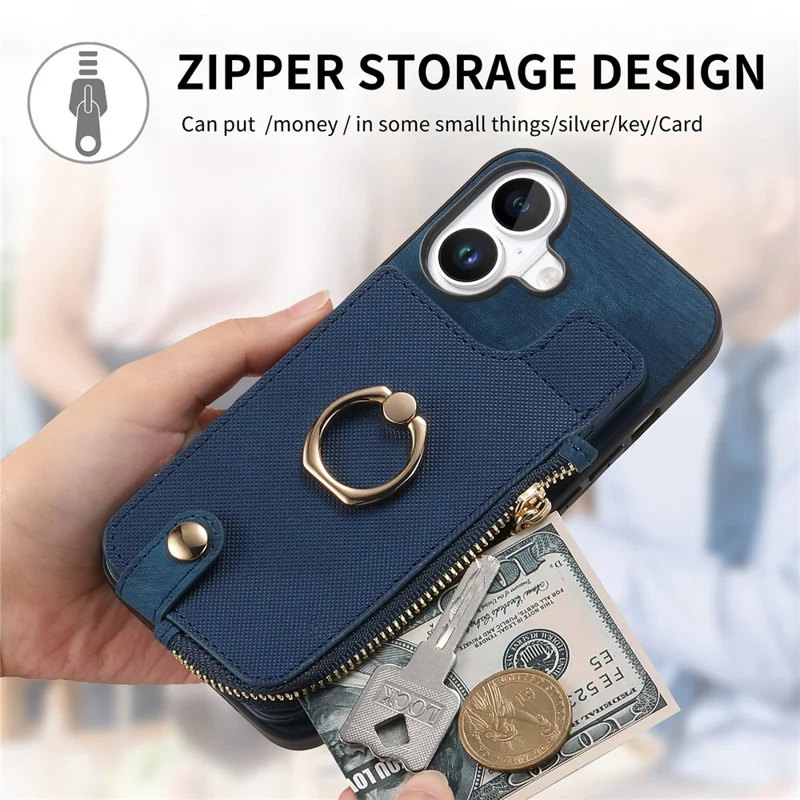 Para Iphone 16 Plus Case Zipper Pocket Kickstand Leather Teleping Back Cover - Rosa