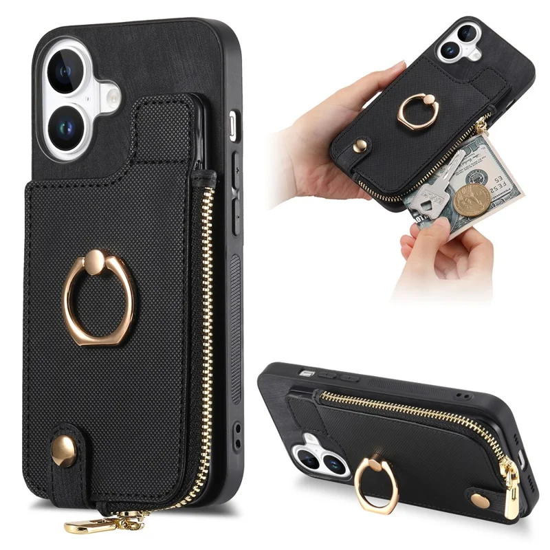 For iPhone 16 Case Zipper Pocket Kickstand Leather Phone Back Cover - Black