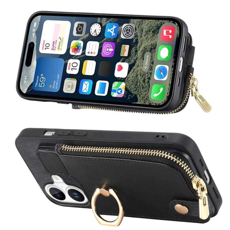 For iPhone 16 Case Zipper Pocket Kickstand Leather Phone Back Cover - Black