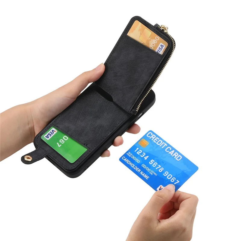 For iPhone 16 Case Zipper Pocket Kickstand Leather Phone Back Cover - Black