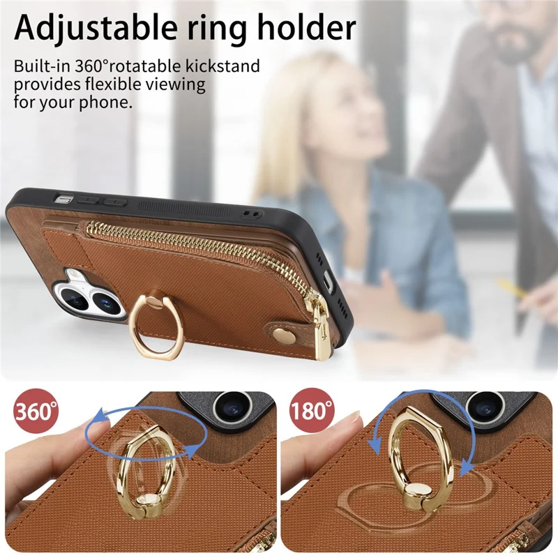 For iPhone 16 Case Zipper Pocket Kickstand Leather Phone Back Cover - Black