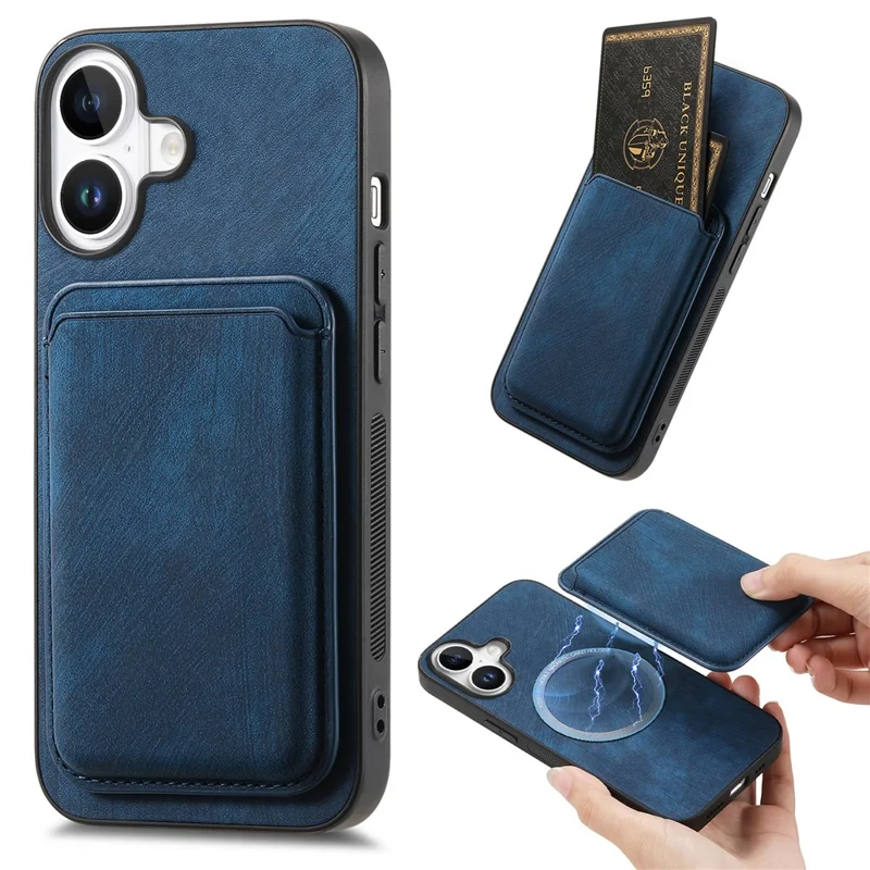For iPhone 16 Plus Case Compatible with MagSafe Leather Back Cover with Detachable Card Holder - Blue