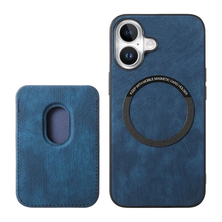 For iPhone 16 Plus Case Compatible with MagSafe Leather Back Cover with Detachable Card Holder - Blue