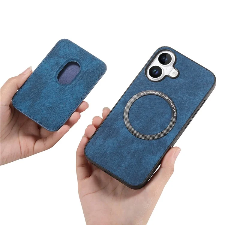 For iPhone 16 Plus Case Compatible with MagSafe Leather Back Cover with Detachable Card Holder - Blue