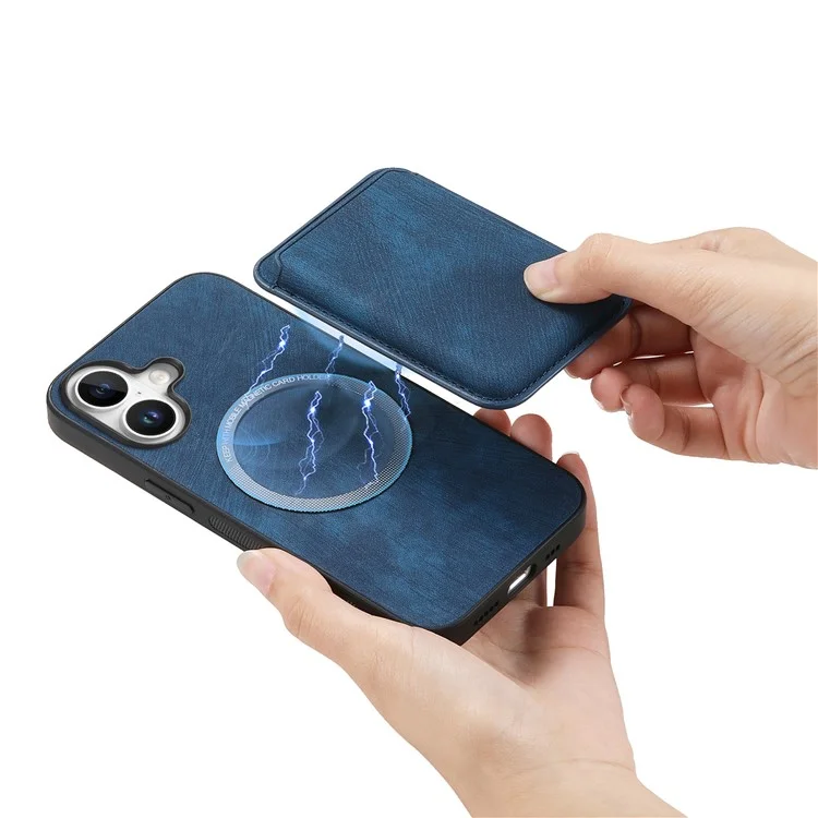 For iPhone 16 Plus Case Compatible with MagSafe Leather Back Cover with Detachable Card Holder - Blue