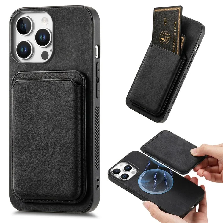 For iPhone 16 Pro Case Compatible with MagSafe Leather Back Cover with Detachable Card Holder - Black