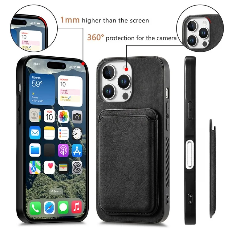 For iPhone 16 Pro Case Compatible with MagSafe Leather Back Cover with Detachable Card Holder - Black