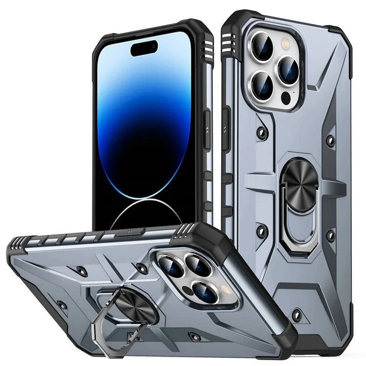 For iPhone 14 Pro Max Armor Case Hard PC Soft TPU Impact-Resistant Protective Cover with Ring Kickstand - Grey