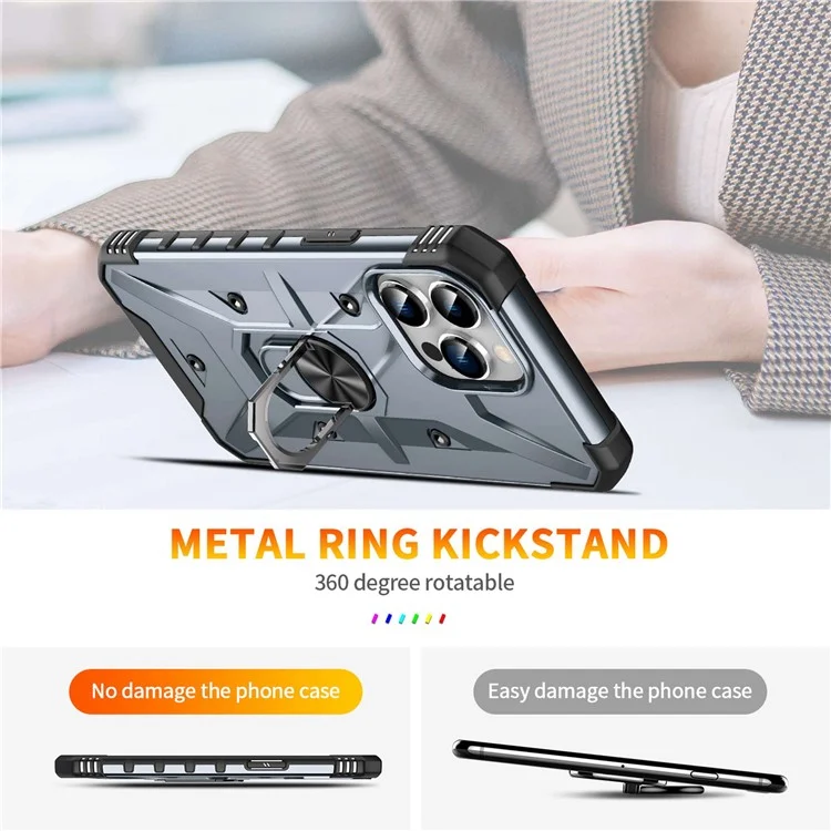 For iPhone 14 Pro Max Armor Case Hard PC Soft TPU Impact-Resistant Protective Cover with Ring Kickstand - Grey