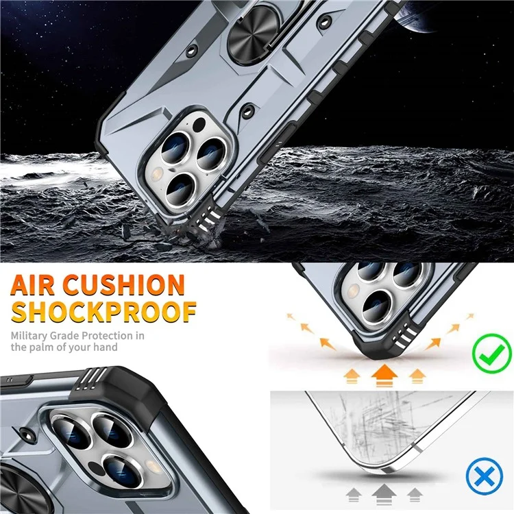 For iPhone 14 Pro Max Armor Case Hard PC Soft TPU Impact-Resistant Protective Cover with Ring Kickstand - Grey