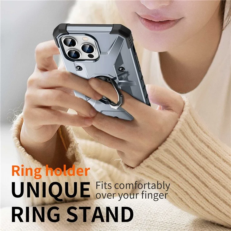 For iPhone 14 Pro Max Armor Case Hard PC Soft TPU Impact-Resistant Protective Cover with Ring Kickstand - Grey