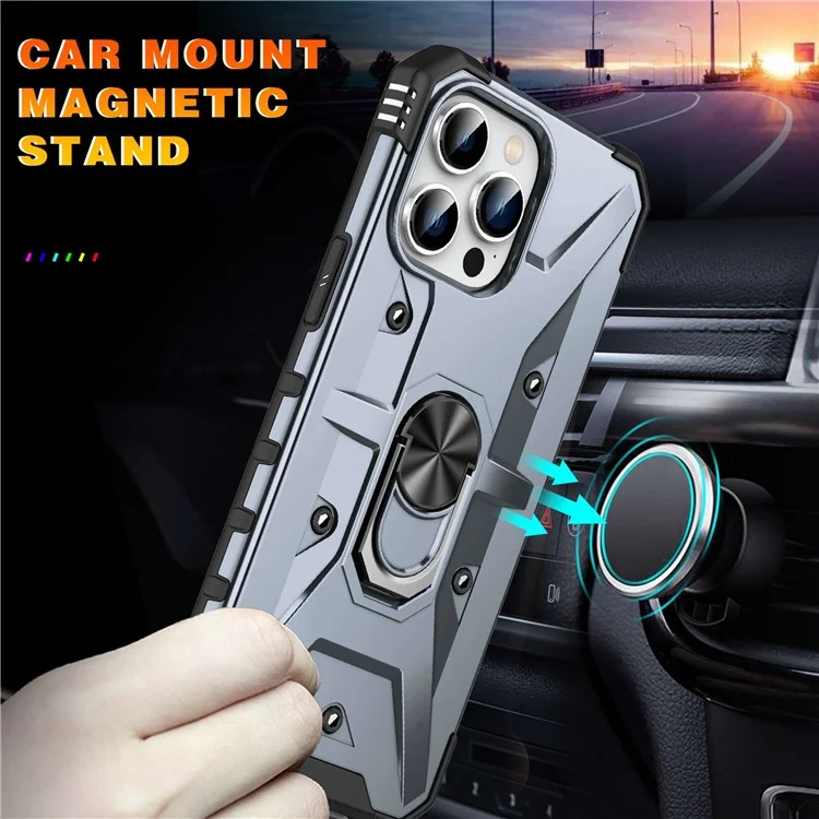 For iPhone 14 Pro Max Armor Case Hard PC Soft TPU Impact-Resistant Protective Cover with Ring Kickstand - Grey