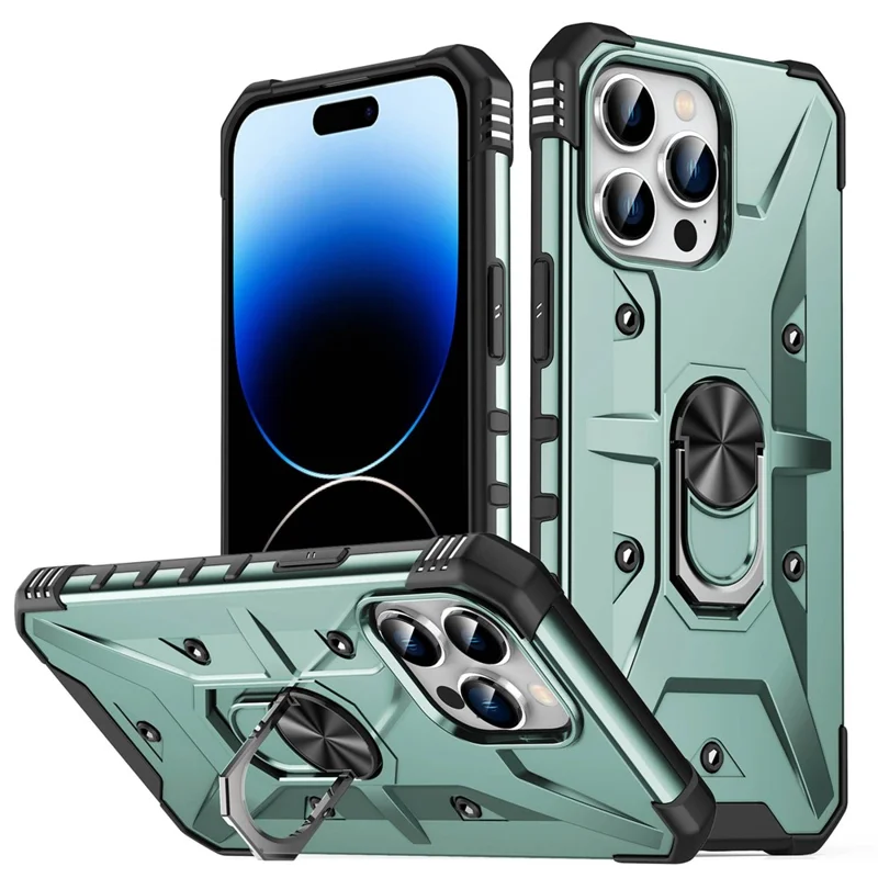 Für Das Iphone 14 Pro Max Rüstungskoffer Hartes PC Soft TPU Impact-resistantes Schutzschutz Mit Ring-kickstand - Dunkelgrün