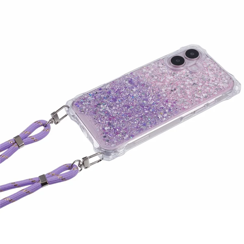 For iPhone 16 Plus Case Reinforced Corner TPU+Acrylic Dual Color Phone Cover with Strap - Pink+Purple