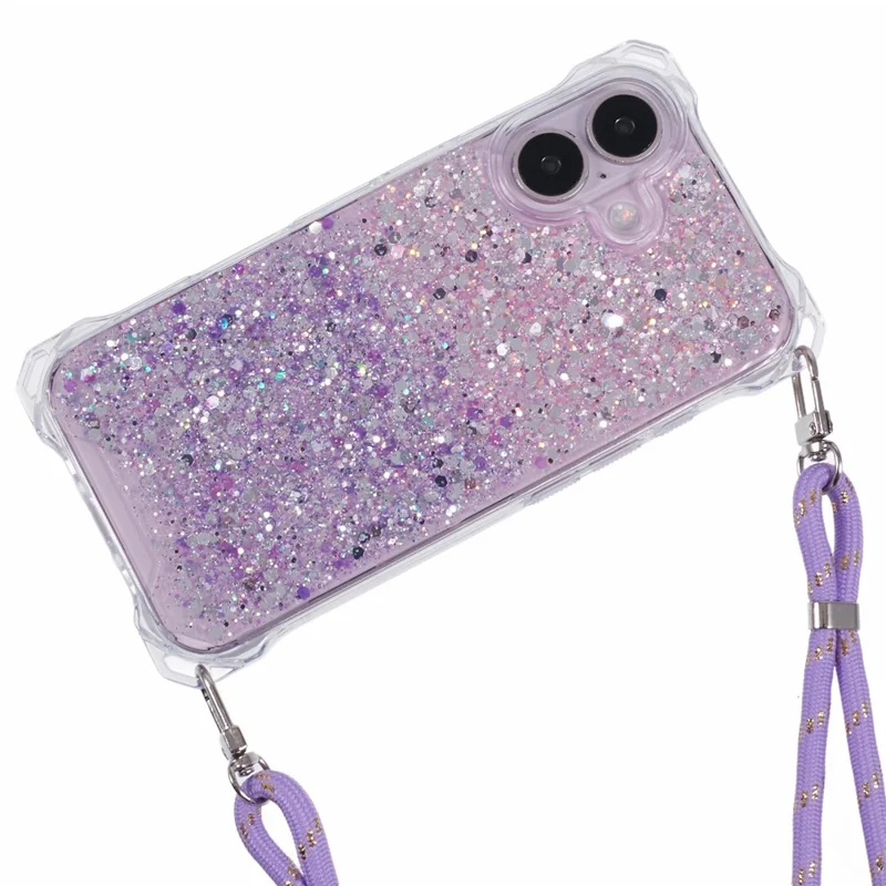 For iPhone 16 Plus Case Reinforced Corner TPU+Acrylic Dual Color Phone Cover with Strap - Pink+Purple
