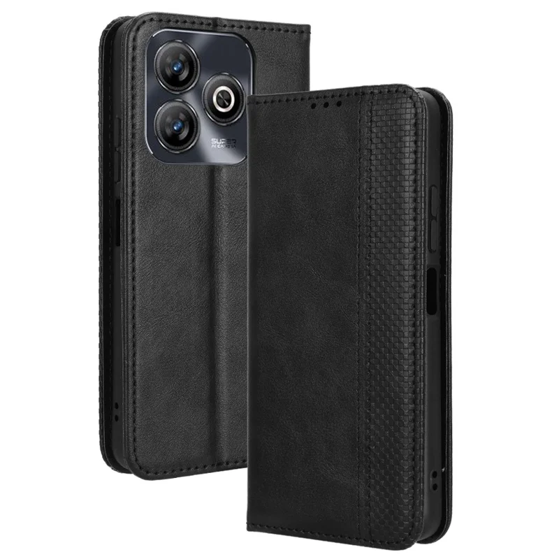 For ZTE Blade A75 4G Leather Case Wallet Stand Retro Texture Phone Cover - Black