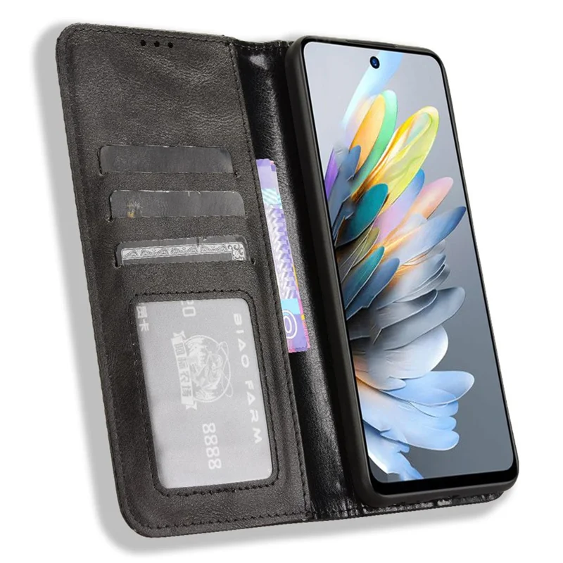 For ZTE Blade A75 4G Leather Case Wallet Stand Retro Texture Phone Cover - Black