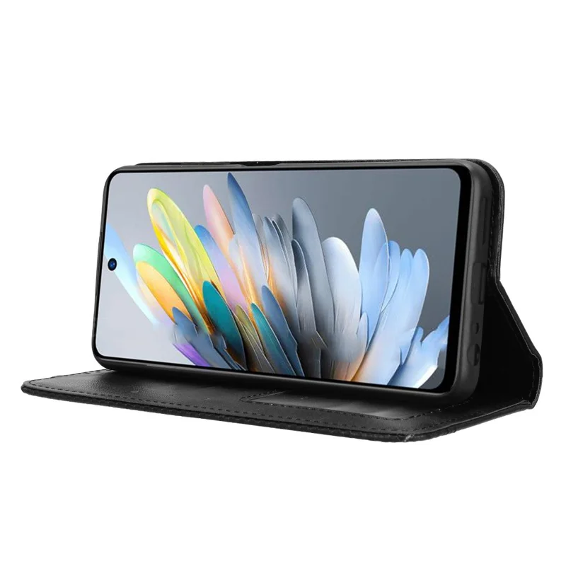 For ZTE Blade A75 4G Leather Case Wallet Stand Retro Texture Phone Cover - Black