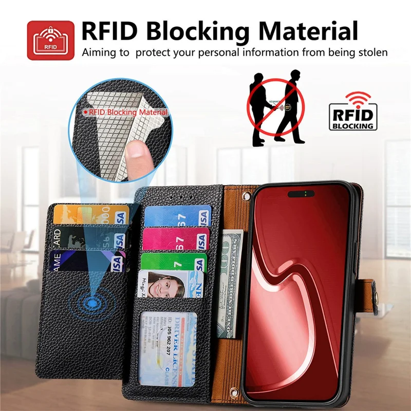 Per Iphone 16 Pro Case RFID Blocco Del Bloccante Coperchio Del Portafoglio in Pelle Tascabile - Nero