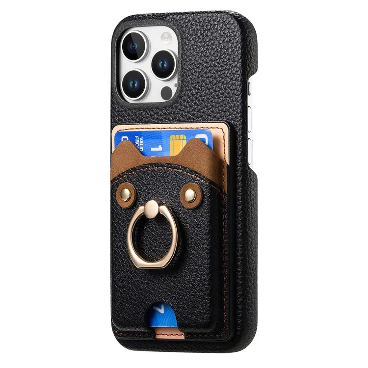 Y6 For iPhone 16 Pro Max Case Cute Bear Design PU Leather+TPU Card Holder Phone Cover - Black