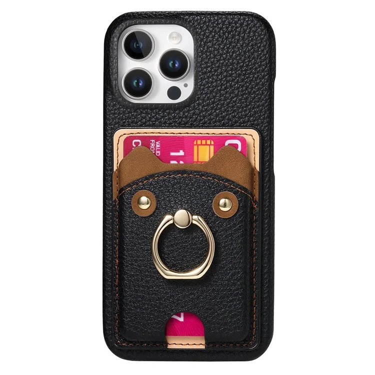 Y6 For iPhone 16 Pro Max Case Cute Bear Design PU Leather+TPU Card Holder Phone Cover - Black