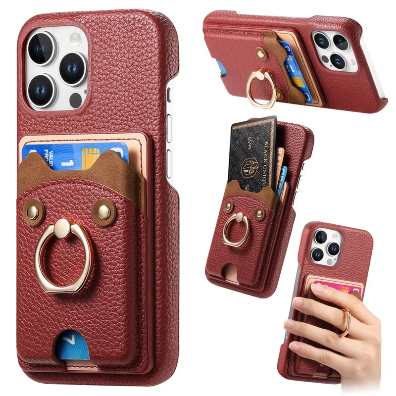 Y6 For iPhone 16 Pro Max Case Cute Bear Design PU Leather+TPU Card Holder Phone Cover - Red
