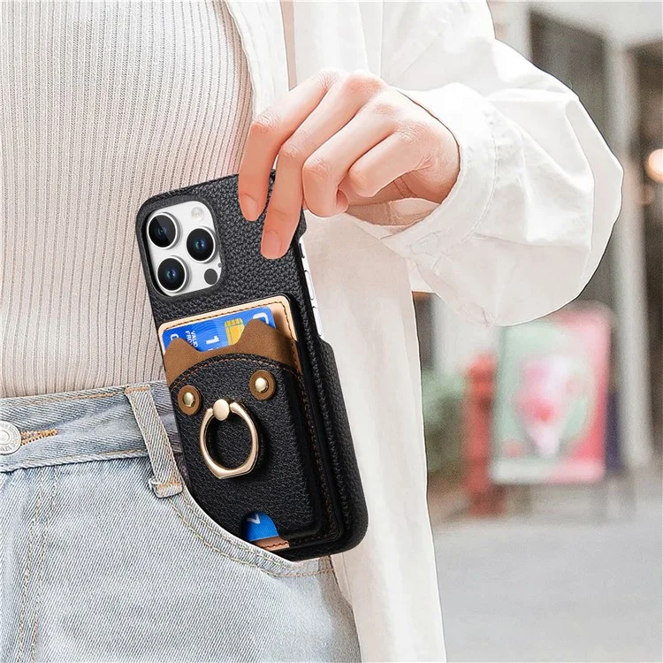 Y6 For iPhone 16 Pro Case Cute Bear Design PU Leather+TPU Card Holder Phone Cover - Black