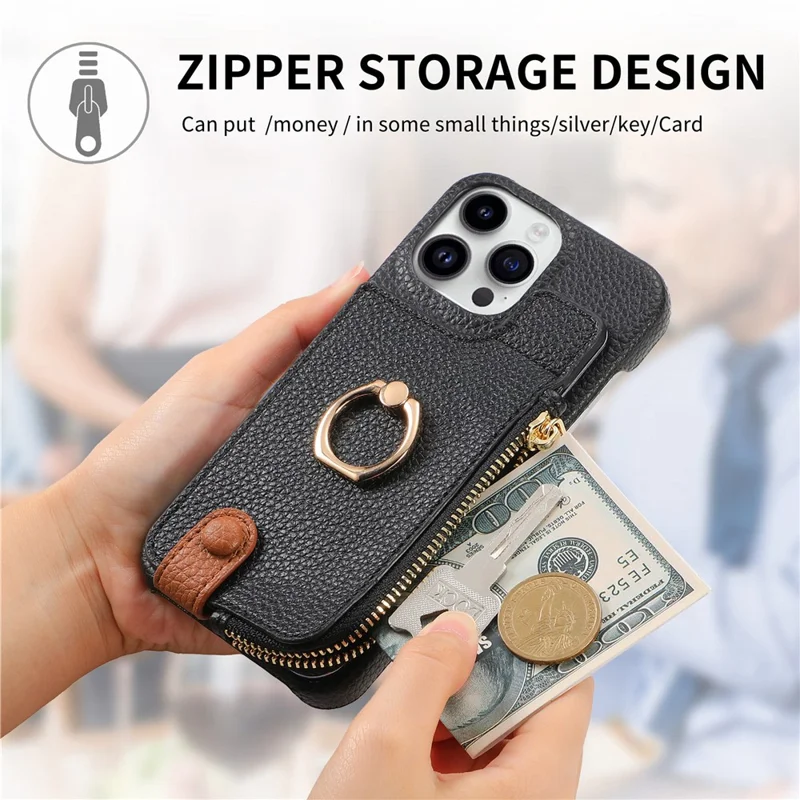 Y3 For iPhone 16 Pro Max Case Card Holder Kickstand Leather+TPU Phone Cover with Zipper Pocket - Black