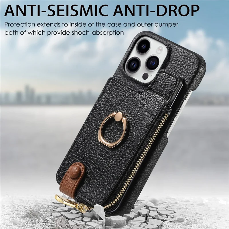 Y3 For iPhone 16 Pro Max Case Card Holder Kickstand Leather+TPU Phone Cover with Zipper Pocket - Black